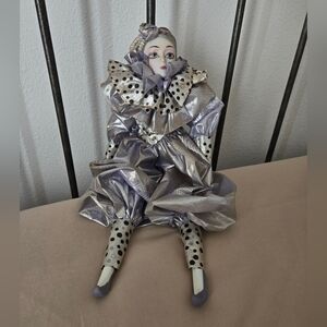 Vintage Harlequin Doll with Lavender and Silver Accents